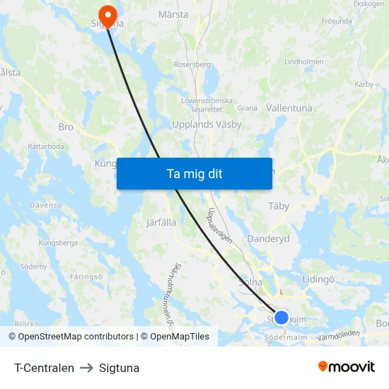 T-Centralen to Sigtuna map