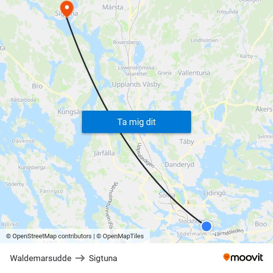 Waldemarsudde to Sigtuna map