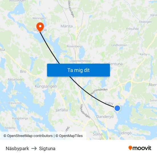 Näsbypark to Sigtuna map