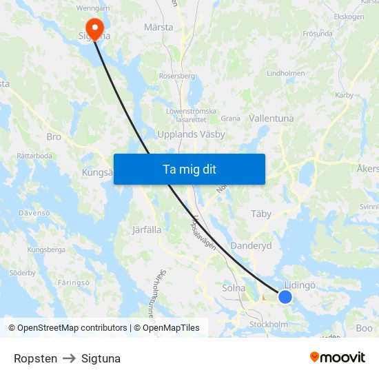 Ropsten to Sigtuna map