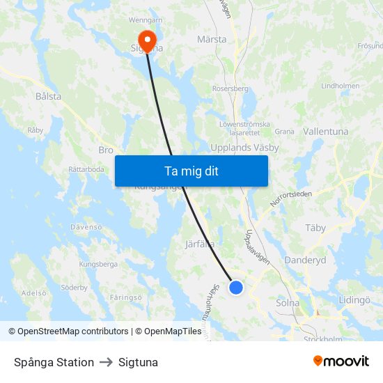 Spånga Station to Sigtuna map