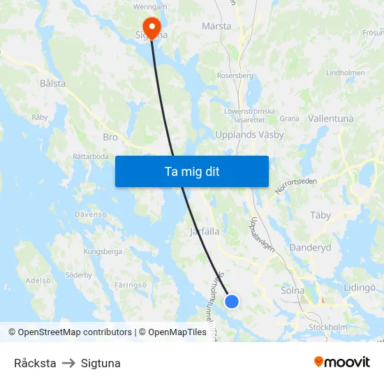 Råcksta to Sigtuna map