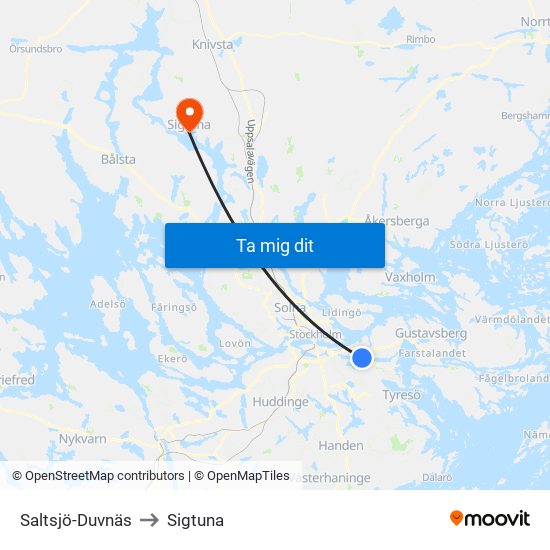 Saltsjö-Duvnäs to Sigtuna map