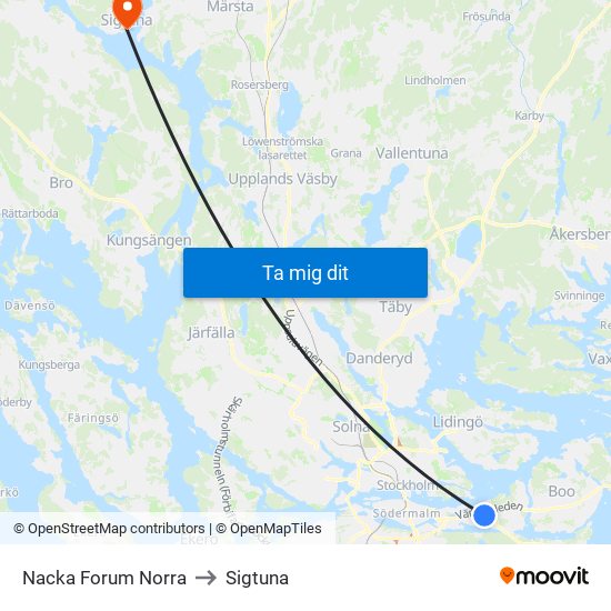 Nacka Forum Norra to Sigtuna map