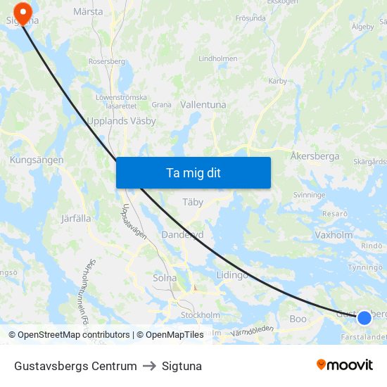 Gustavsbergs Centrum to Sigtuna map