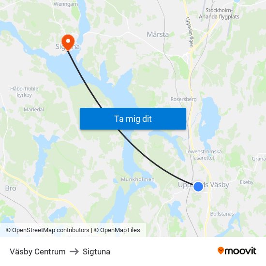 Väsby Centrum to Sigtuna map