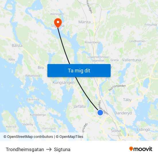 Trondheimsgatan to Sigtuna map