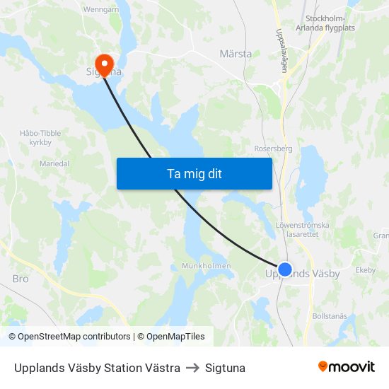 Upplands Väsby Station Västra to Sigtuna map