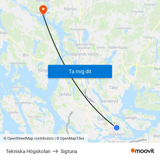 Tekniska Högskolan to Sigtuna map