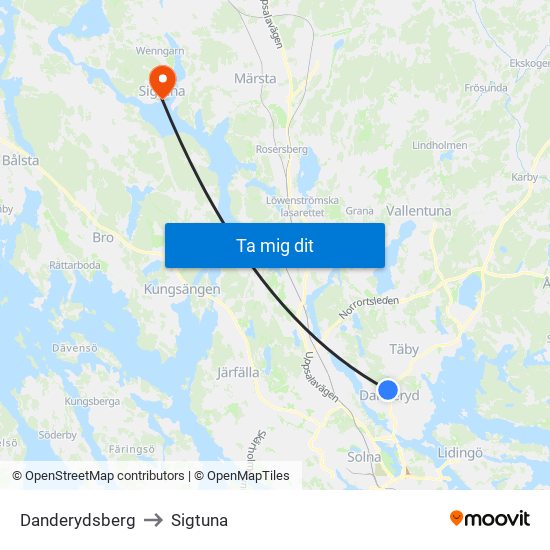 Danderydsberg to Sigtuna map