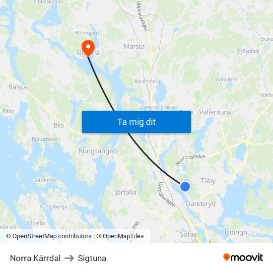 Norra Kärrdal to Sigtuna map
