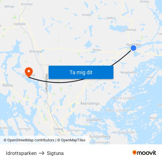 Idrottsparken to Sigtuna map