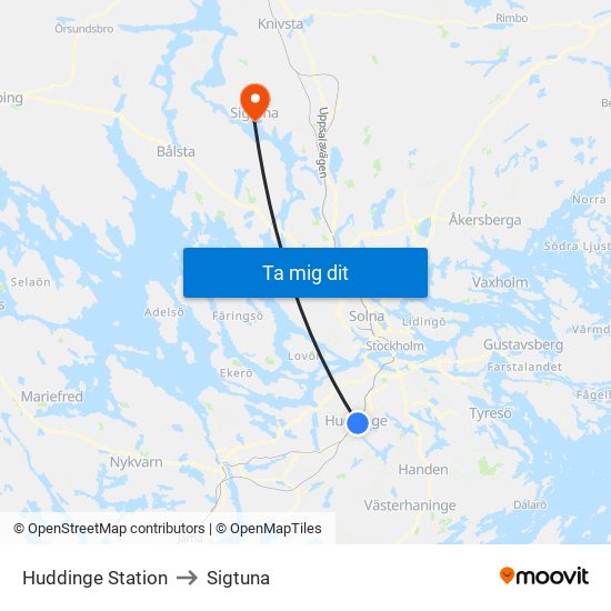 Huddinge Station to Sigtuna map