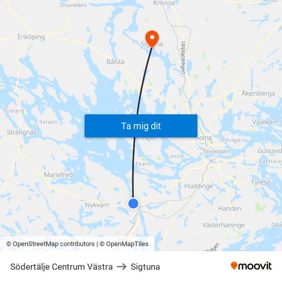 Södertälje Centrum Västra to Sigtuna map