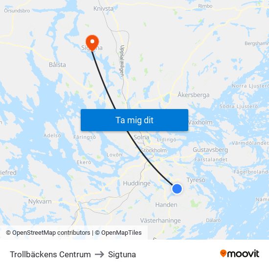 Trollbäckens Centrum to Sigtuna map