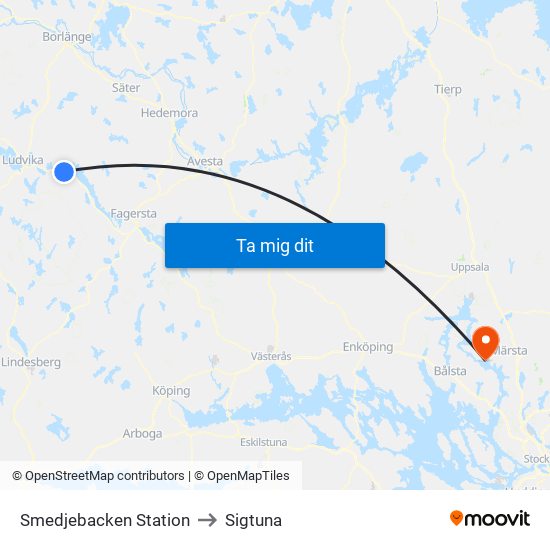 Smedjebacken Station to Sigtuna map