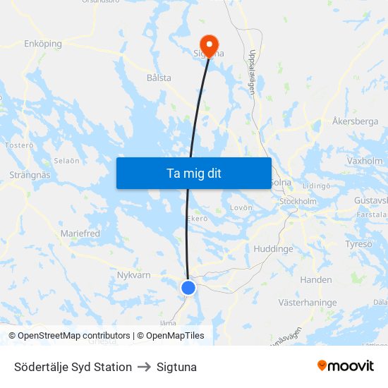 Södertälje Syd Station to Sigtuna map