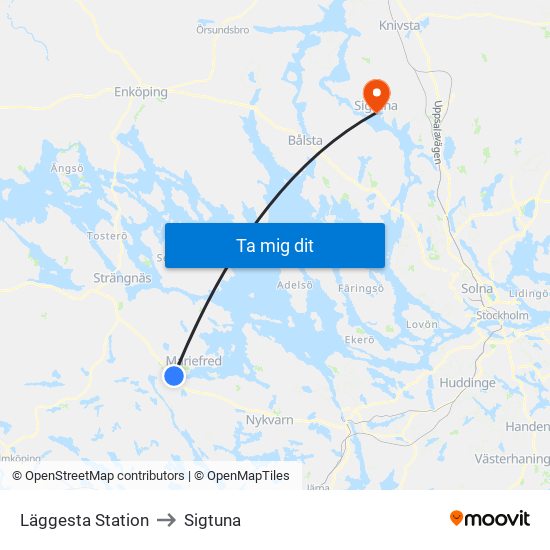 Läggesta Station to Sigtuna map