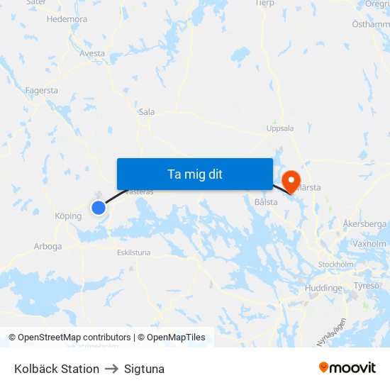 Kolbäck Station to Sigtuna map