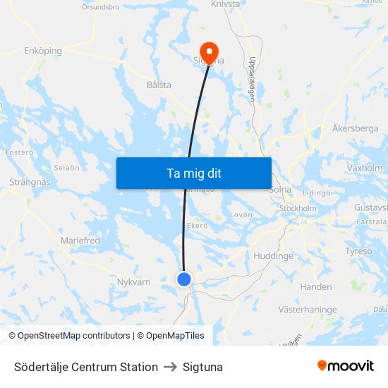 Södertälje Centrum Station to Sigtuna map