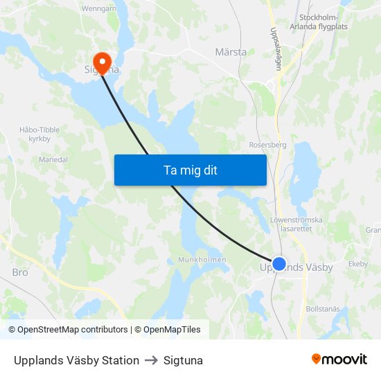 Upplands Väsby Station to Sigtuna map