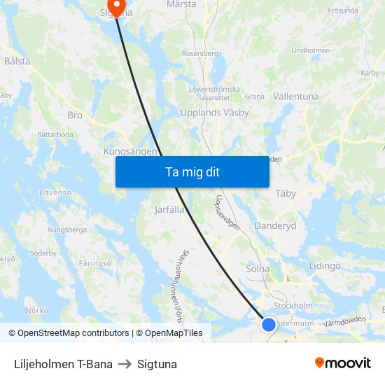 Liljeholmen T-Bana to Sigtuna map