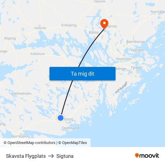 Skavsta Flygplats to Sigtuna map