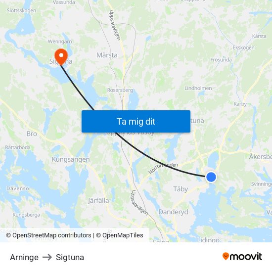 Arninge to Sigtuna map