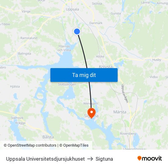 Uppsala Universitetsdjursjukhuset to Sigtuna map