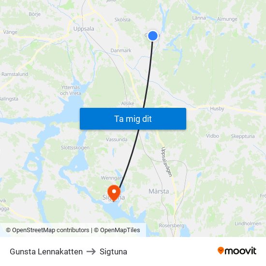 Gunsta Lennakatten to Sigtuna map