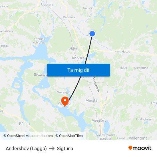 Andershov (Lagga) to Sigtuna map