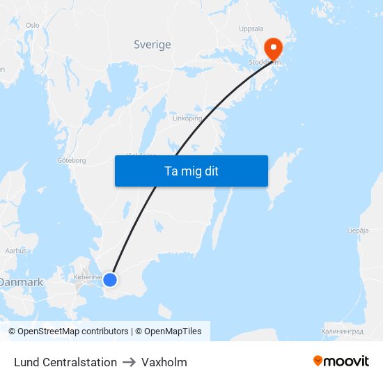 Lund Centralstation to Vaxholm map