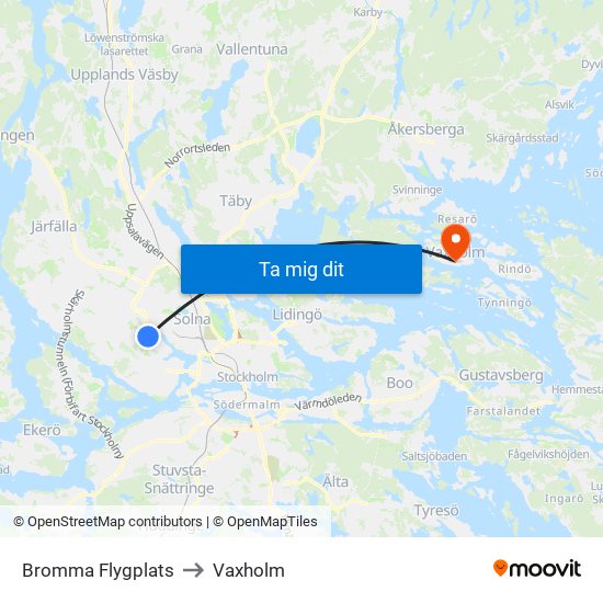 Bromma Flygplats to Vaxholm map