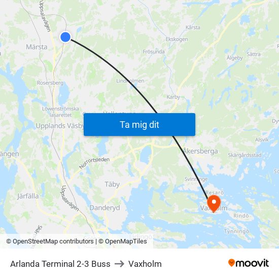 Arlanda Terminal 2-3 Buss to Vaxholm map