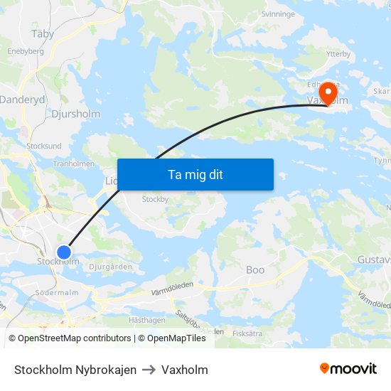 Stockholm Nybrokajen to Vaxholm map