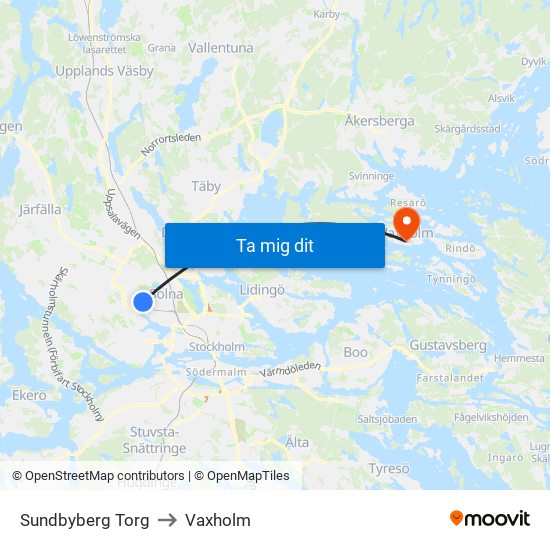 Sundbyberg Torg to Vaxholm map
