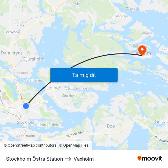 Stockholm Östra Station to Vaxholm map