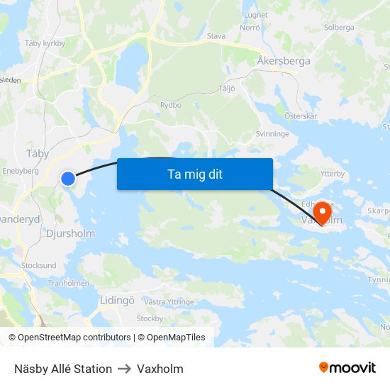 Näsby Allé Station to Vaxholm map