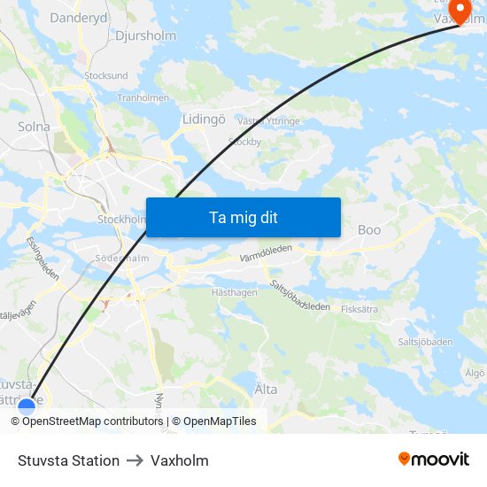 Stuvsta Station to Vaxholm map