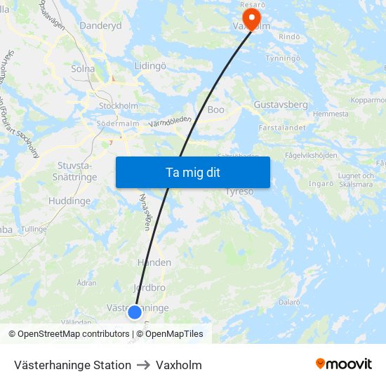 Västerhaninge Station to Vaxholm map