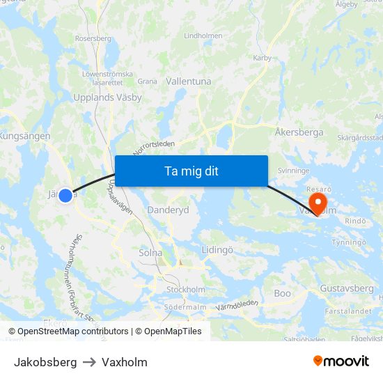 Jakobsberg to Vaxholm map