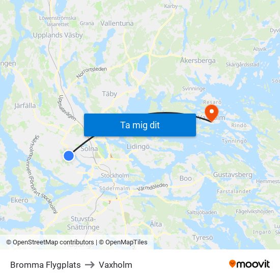 Bromma Flygplats to Vaxholm map