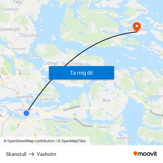 Skanstull to Vaxholm map