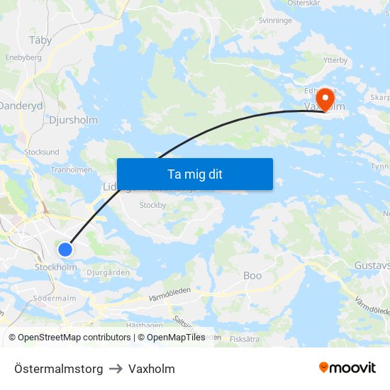 Östermalmstorg to Vaxholm map