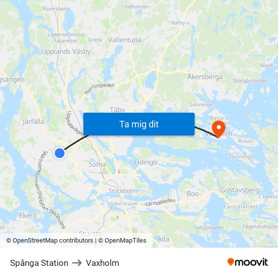 Spånga Station to Vaxholm map