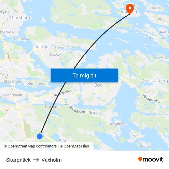 Skarpnäck to Vaxholm map