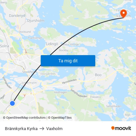 Brännkyrka Kyrka to Vaxholm map