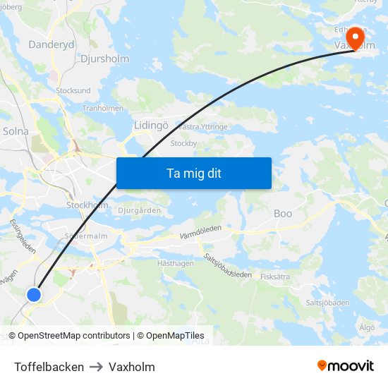 Toffelbacken to Vaxholm map