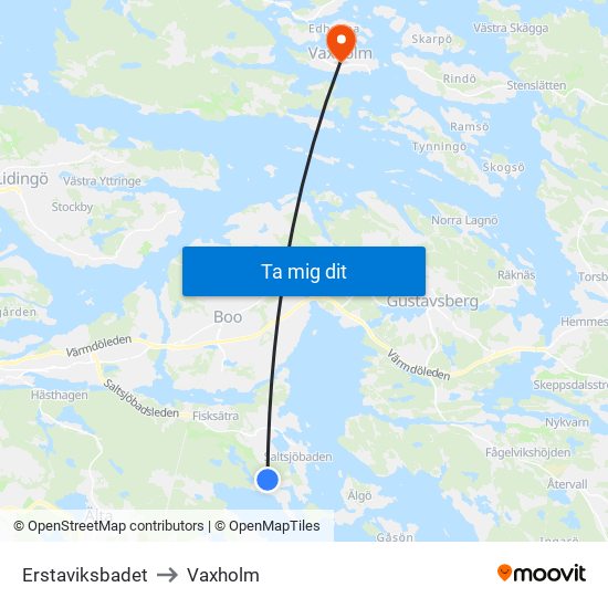 Erstaviksbadet to Vaxholm map