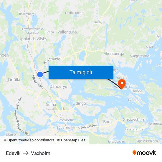 Edsvik to Vaxholm map